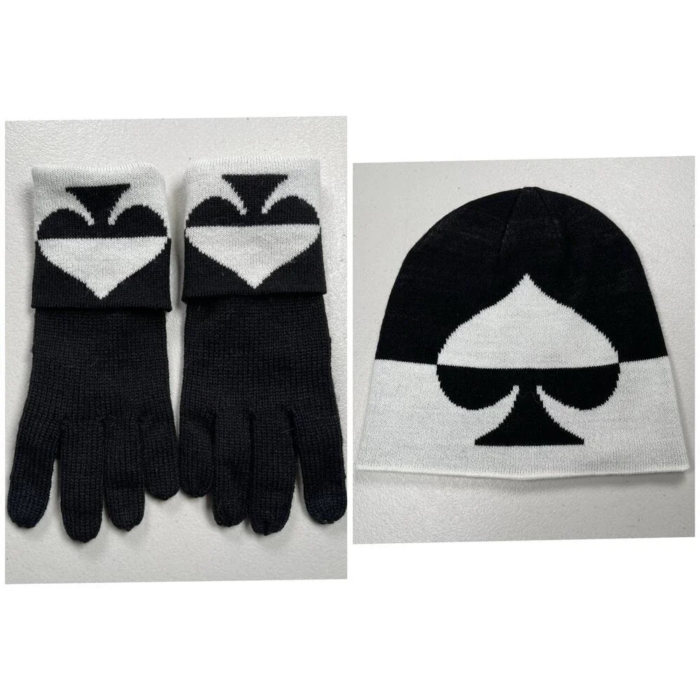 Kate Spade New York Beanie Hat +‎ Gloves Black White Oversized Spade Wool Blend